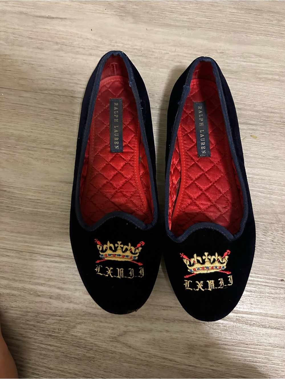 Ralph Lauren Black Velvet Crown Embroidered Quilted Lined Flats